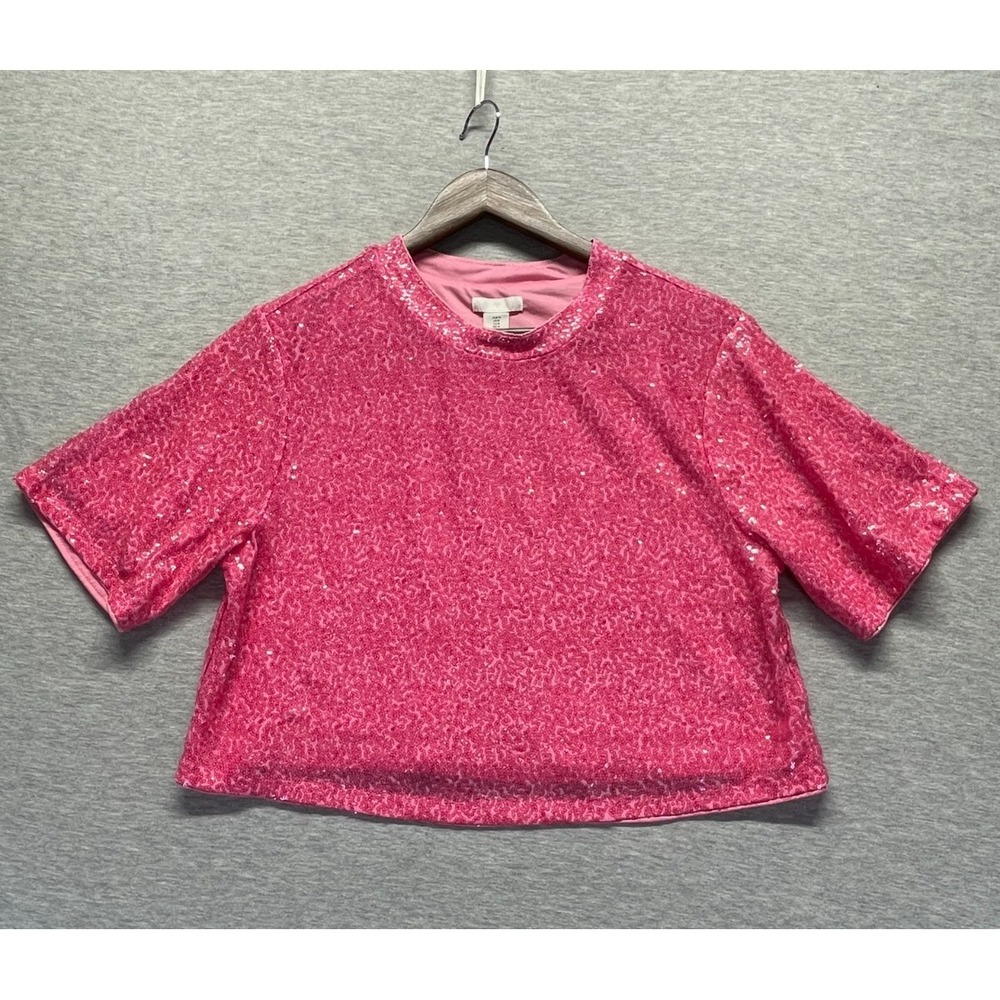 H&M Sequin Cropped T Shirt Womens Medium Pink Vibrant All Over Sparkly Crew Neck